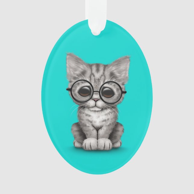 Cute Grey Tabby Kitten with Eye Glasses blue Ornament (Front)