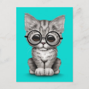 Cute Grey Tabby Kitten with Eye Glasses blue Postcard
