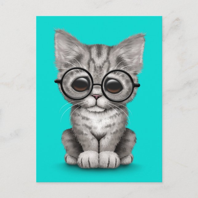 Cute Grey Tabby Kitten with Eye Glasses blue Postcard (Front)
