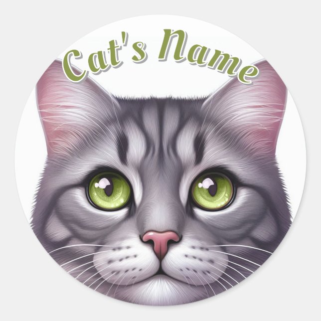 Cute Grey Tabby Shorthaired Cat • Personalised Classic Round Sticker (Front)