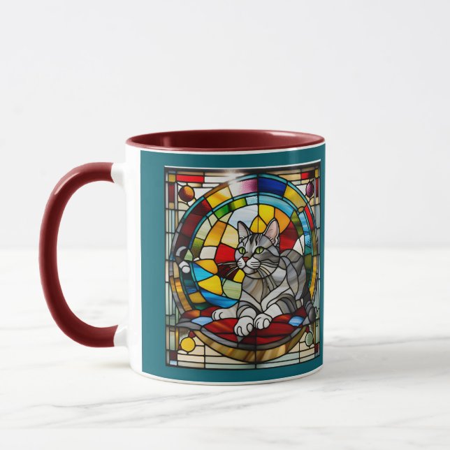 Cute Grey Tabby Stained Glass Mug (Left)