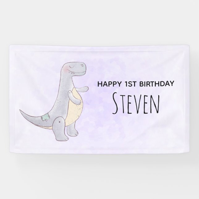 Cute Grey Tyrannosaurus Rex Dinosaur Toy Birthday Banner (Horizontal)