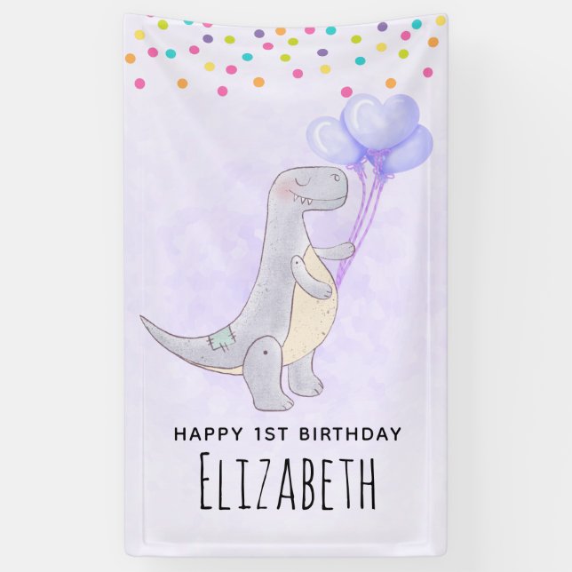 Cute Grey Tyrannosaurus Rex Dinosaur Toy Birthday  Banner (Vertical)