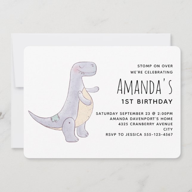 Cute Grey Tyrannosaurus Rex Dinosaur Toy Birthday Invitation (Front)