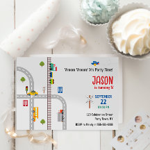 Cute Grey Urban Traffic Boys Birthday Invitation