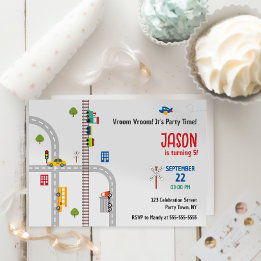 Cute Grey Urban Traffic Boys Birthday Invitation