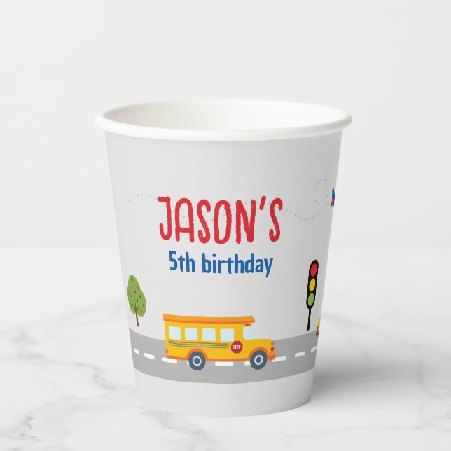 Cute Grey Urban Traffic Kid's Birthday Party Paper Cups (Front)