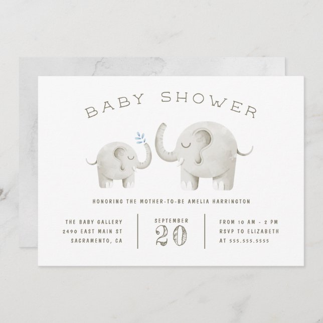 Cute Grey Watercolor Elephant Baby Shower Invitation (Front/Back)