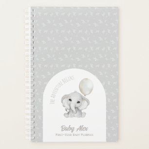 Cute Grey Watercolor Elephant With Balloon Baby Planner