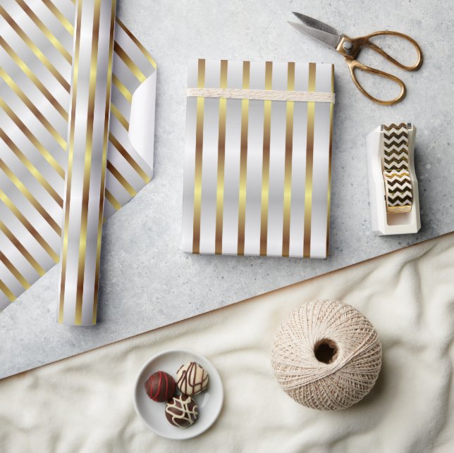 Cute Grey White And Gold Stripes Christmas Wrapping Paper (Crafts)