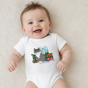 Cute Grey White Christmas Kitten Presents Blue Baby Bodysuit