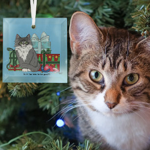 Cute Grey White Christmas Kitten Presents Blue Glass Tree Decoration