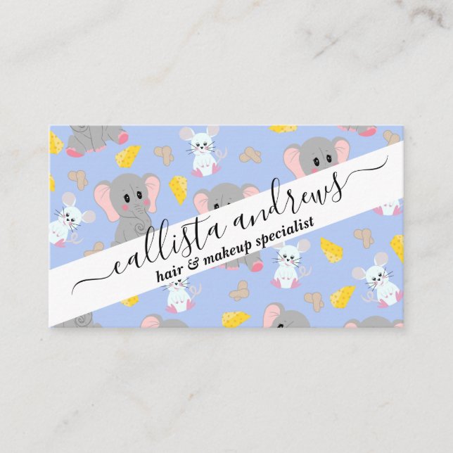 Cute Grey White Elephant Mouse Peanut Cheese Business Card (Front)