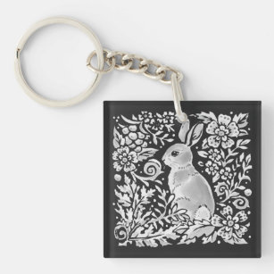 Cute Grey White Rabbit Floral Forest Woodland  Key Ring