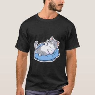 Cute Grey & White Tabby Tuxedo Cat Relaxing on Blu T-Shirt