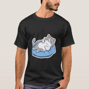 Cute Grey & White Tabby Tuxedo Cat Relaxing on Blu T-Shirt