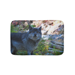 Cute Grey Wolf and Wilderness Forest Bath Mat
