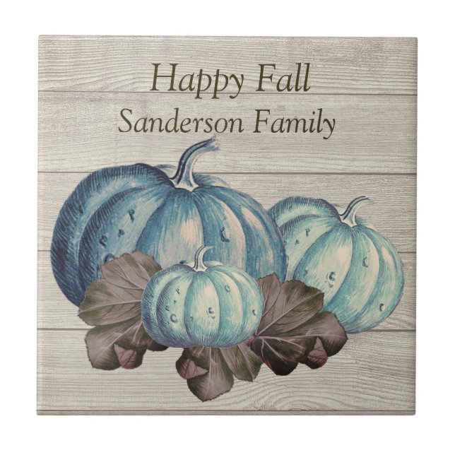 Cute  Grey Wood Autumn Fall  Blue Pumpkin  Ceramic Ceramic Tile (Front)