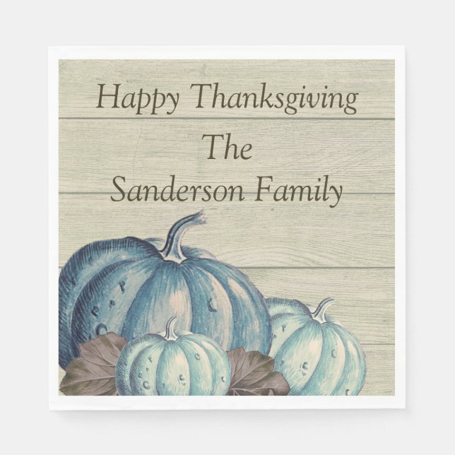 Cute Grey Wood Autumn Fall Blue Pumpkin  Napkins (Front)