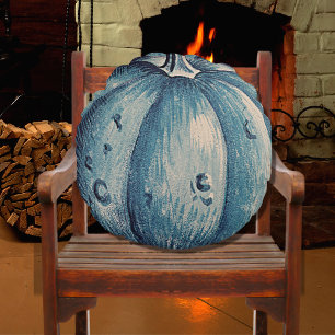 Cute  Grey Wood Autumn Fall Blue Pumpkin  Round Cushion