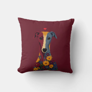 Cute Greyhound Whippet Floral Portrait Red Heart Cushion