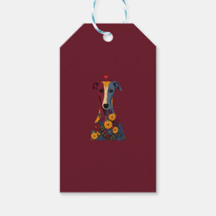 Cute Greyhound Whippet Floral Portrait Red Heart Gift Tags