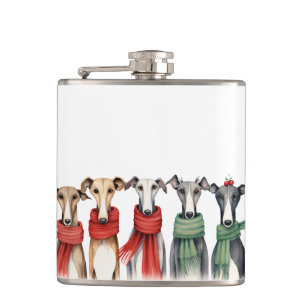 Cute Greyhounds and Whippets Dogs in Scarves Hip Flask
