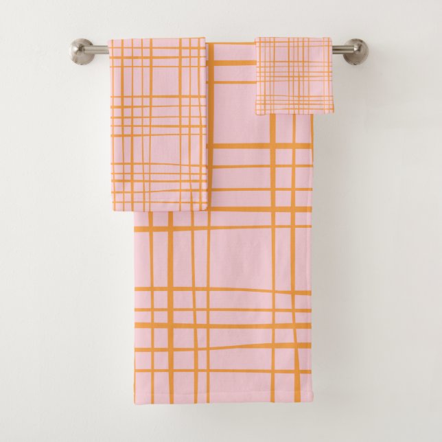 Cute Grid Lines Pattern Pastel Pink and Orange Bath Towel Set (Insitu)