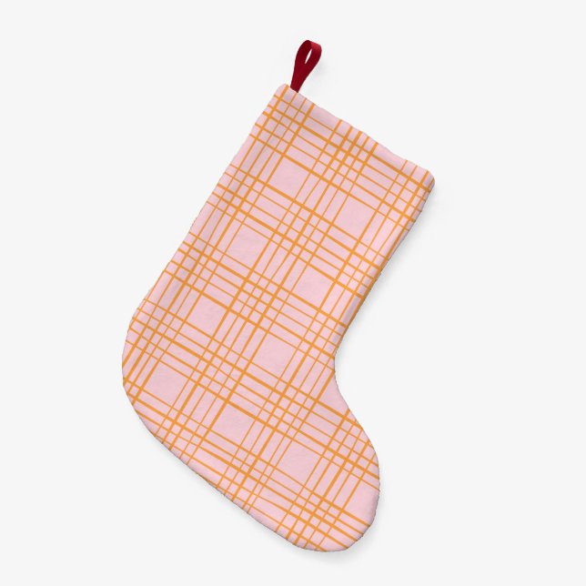 Cute Grid Lines Pattern Pastel Pink and Orange Small Christmas Stocking (Front (Hanging))