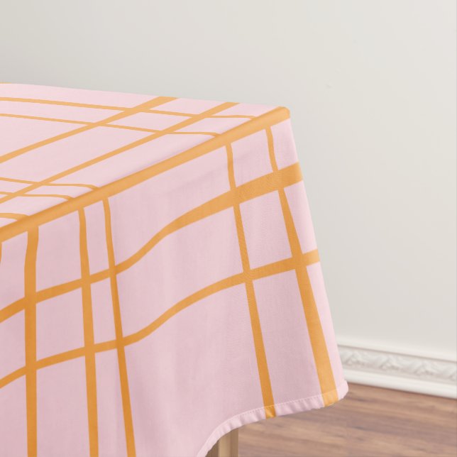 Cute Grid Lines Pattern Pastel Pink and Orange Tablecloth (In Situ)