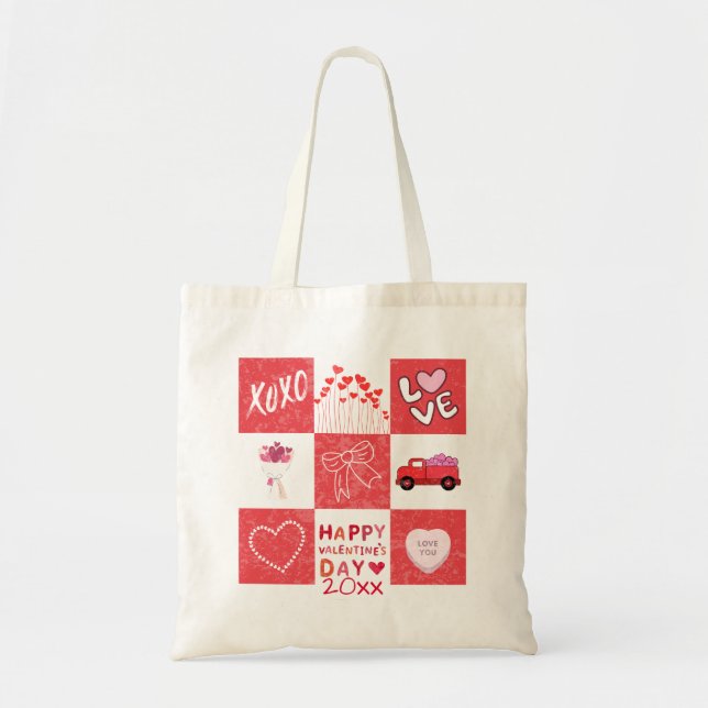 Cute Grid of Love Valentines Day Tote Bag (Front)