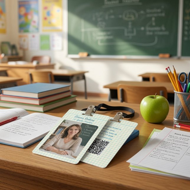 Cute Grid Teacher Photo ID Badge with QR Code  (Creator Uploaded)