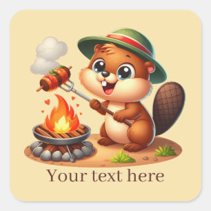 Cute grilling beaver add text  square sticker