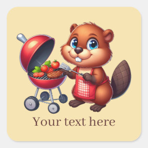 Cute grilling beaver add text  square sticker