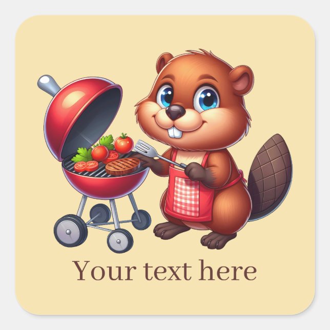Cute grilling beaver add text  square sticker (Front)