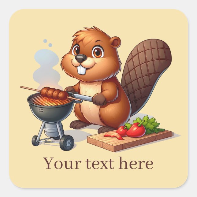 Cute grilling beaver add text  square sticker (Front)