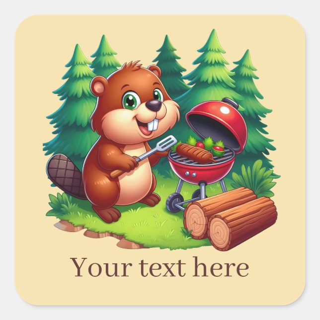 Cute grilling beaver add text  square sticker (Front)