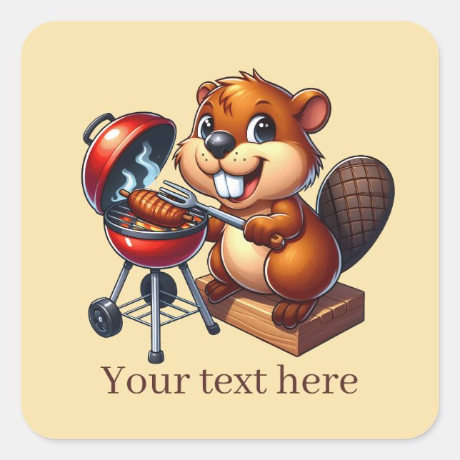 Cute grilling beaver add text  square sticker (Front)