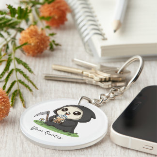 Cute Grim Reaper Drinking Boba Tea Key Ring