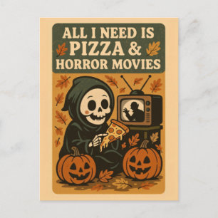 Cute Grim Reaper Eating Pizza Funny Halloween Postcard