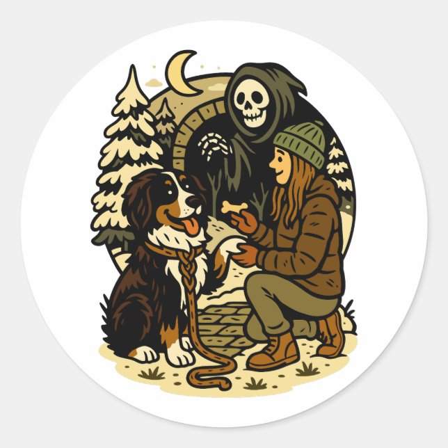 Cute Grim Reaper Girl and Dog Spooky Forest Night Classic Round Sticker (Front)
