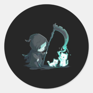 Cute Grim Reaper Skeleton With Cat Ghost Kawaii Pa Classic Round Sticker