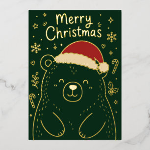 Cute Grizzly Bear Merry Christmas Foil Holiday Card