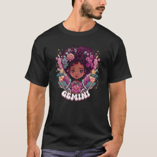 Cute Groovy Flower Gemini Zodiac Afro Girl May Jun T-Shirt