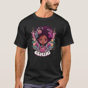 Cute Groovy Flower Gemini Zodiac Afro Girl May Jun T-Shirt