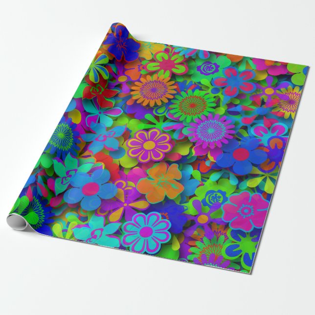 Cute Groovy Flowers Garden Wrapping Paper (Unrolled)