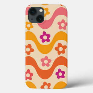 Cute Groovy flowers pattern on retro waves   iPhone 13 Case