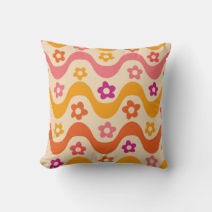 Cute Groovy flowers pattern on retro waves   Cushion