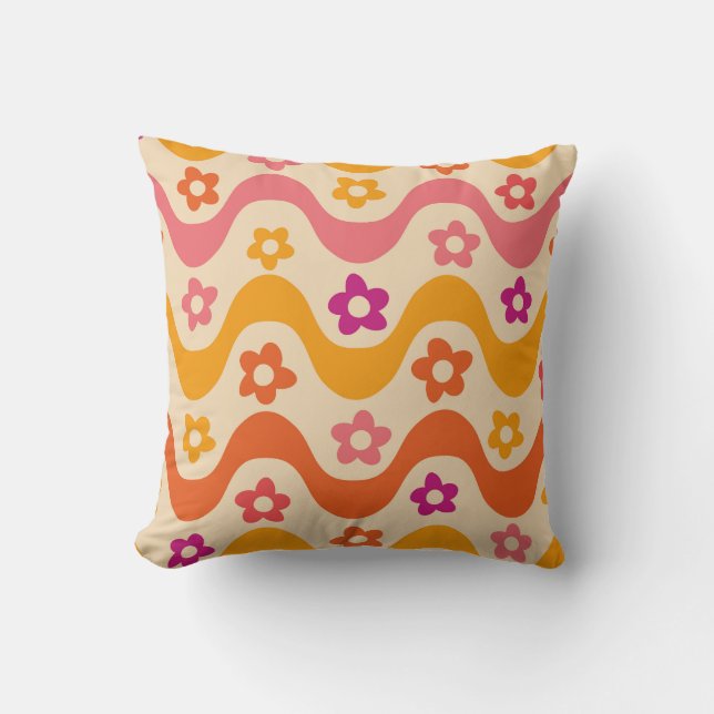 Cute Groovy flowers pattern on retro waves   Cushion (Front)