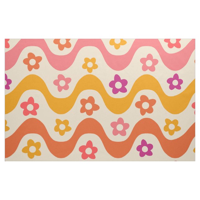 Cute Groovy flowers pattern on retro waves  Fabric (Fat Quarter)